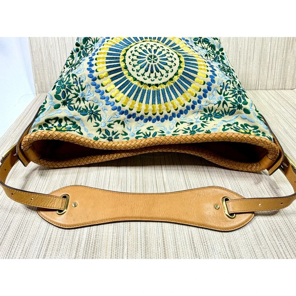 Cole Haan Embroidered Canvas Hobo Bag Tan Leather Trim Blue Green Floral Boho